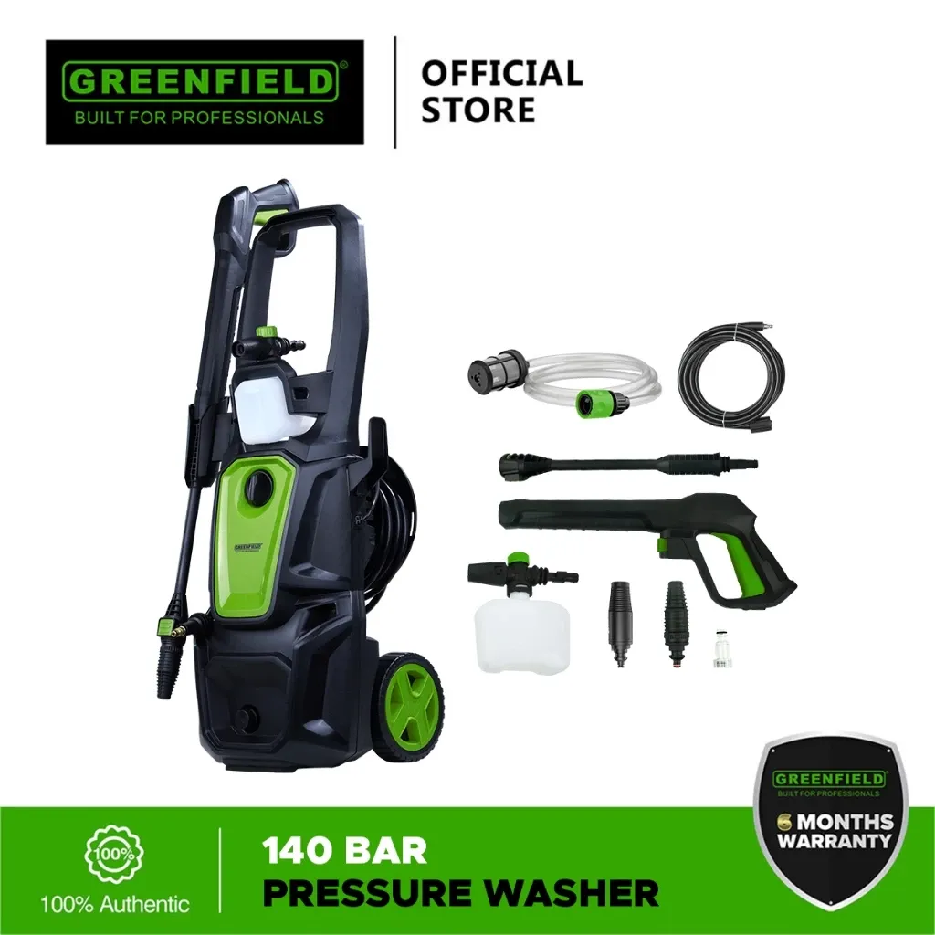 Greenfield self-priming 140 bar 1800W pressure washer with spray gun and hose