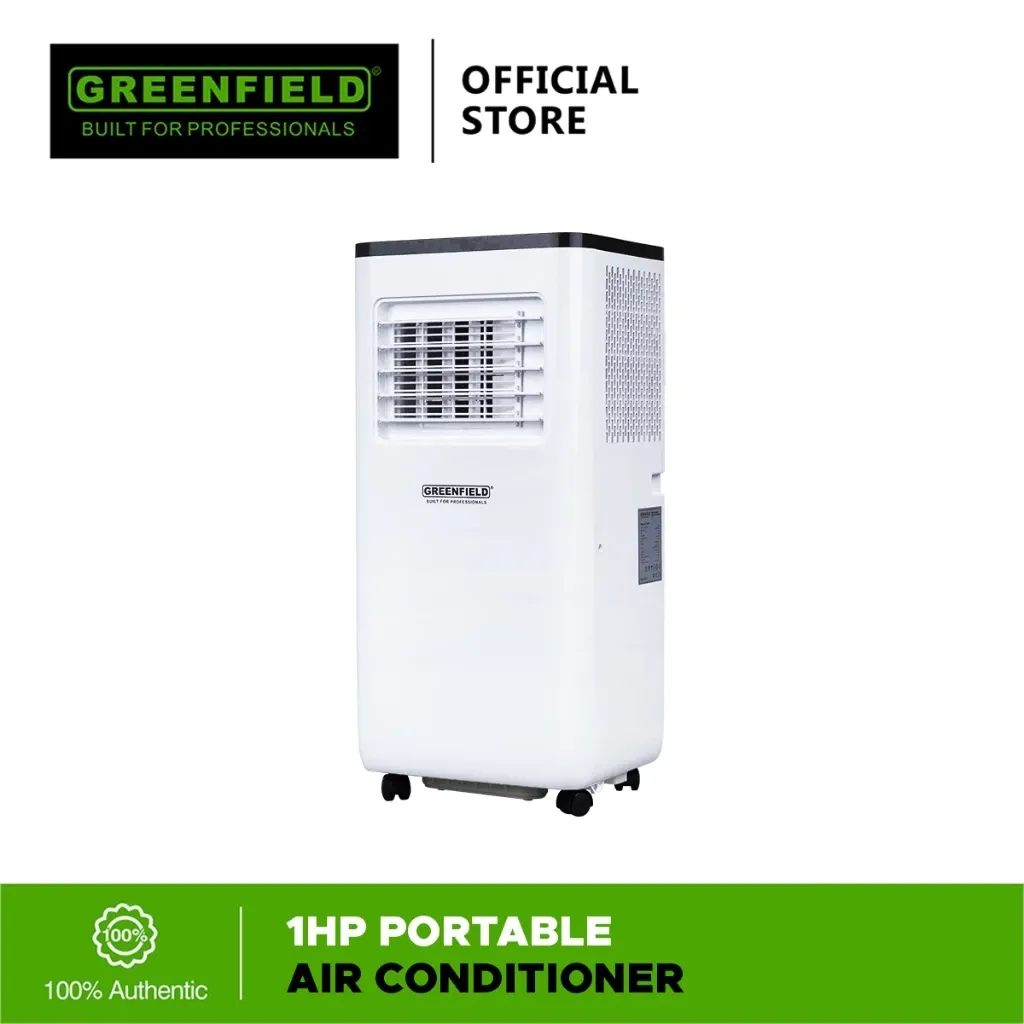 Greenfield 1HP portable air conditioner, a white unit with a louvred front vent, side grille and castor wheels