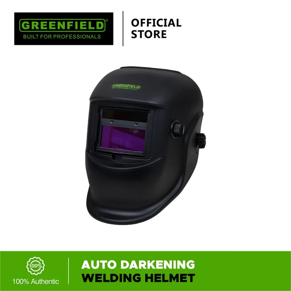Greenfield auto darkening welding helmet with black shell and rectangular lens, front view