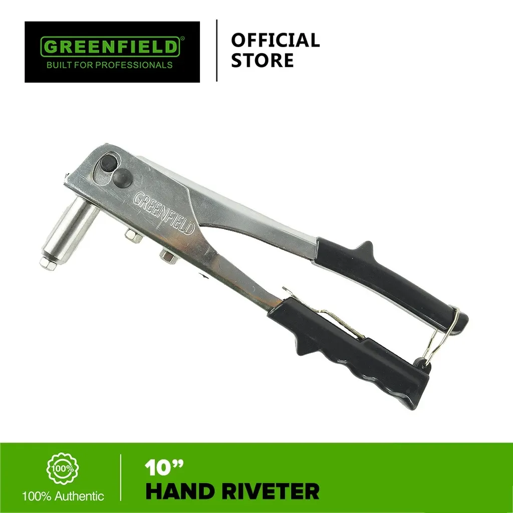 Greenfield chrome heavy duty hand riveter with a plated steel body and green grips