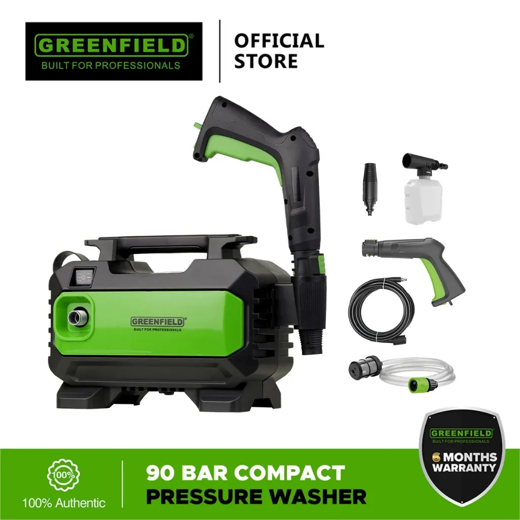 Greenfield compact 1200W 90 bar self-priming pressure washer, green and black