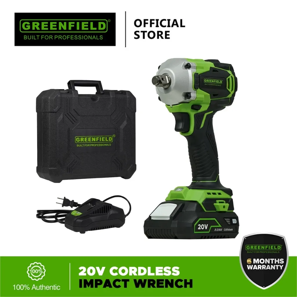 Greenfield 20V cordless impact wrench in green and black with 2.0Ah battery, charger and carry case
