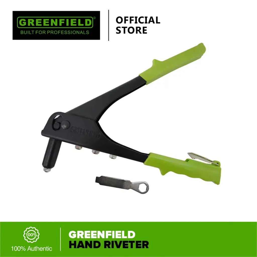 Greenfield heavy duty hand riveter with black steel arms, green grips, four nosepieces on the body and a wrench
