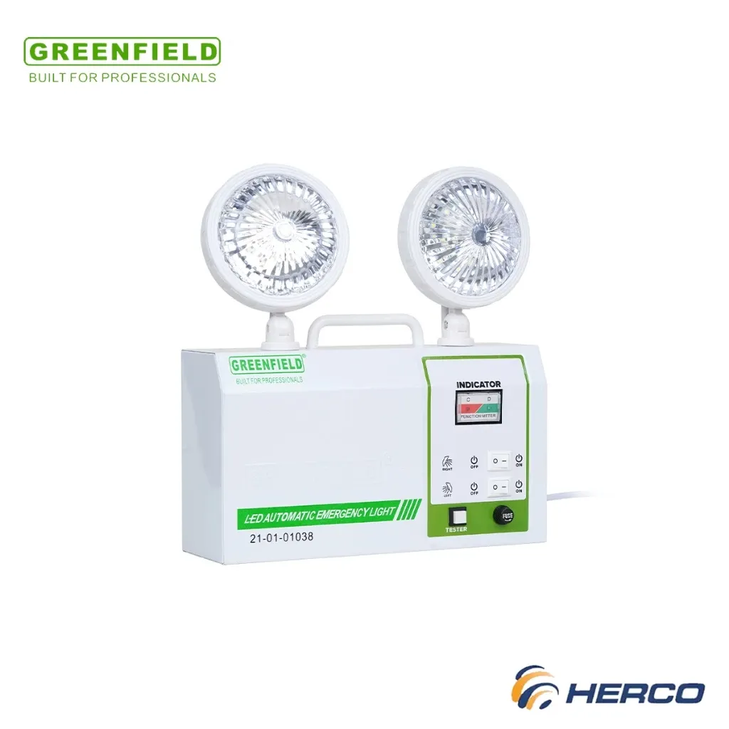 Greenfield LED automatic emergency light with two swivel lamp heads, front view