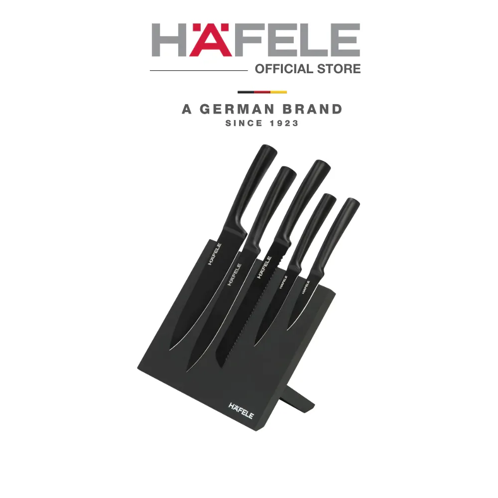 Häfele 6-piece stainless steel knife set on a magnetic stand, front view