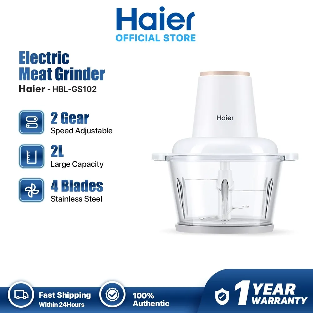 Haier stainless steel electric meat grinder and food processor with chopper bowl, front view