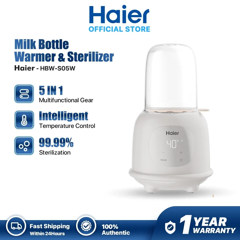 Haier HBW-S05W white 5-in-1 bottle warmer and steam sterilizer with domed clear cover and round digital touch panel showing 40 degrees