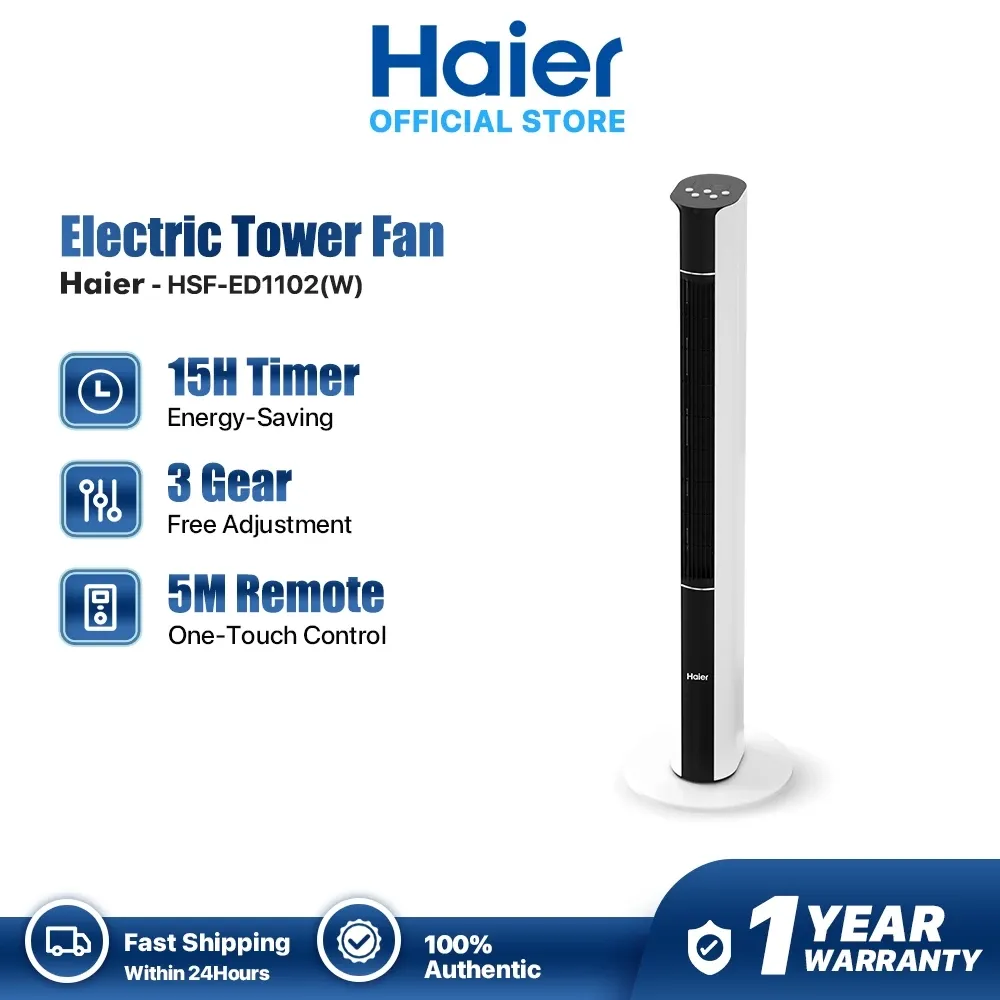 Haier HSF-ED1102 white and black tower fan with top touch panel on a round base