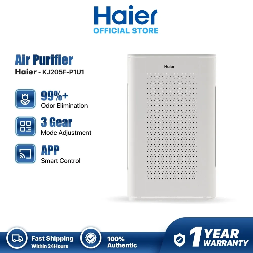 Haier P1U1 air purifier, tall white unit with perforated front panel and top control strip, front view