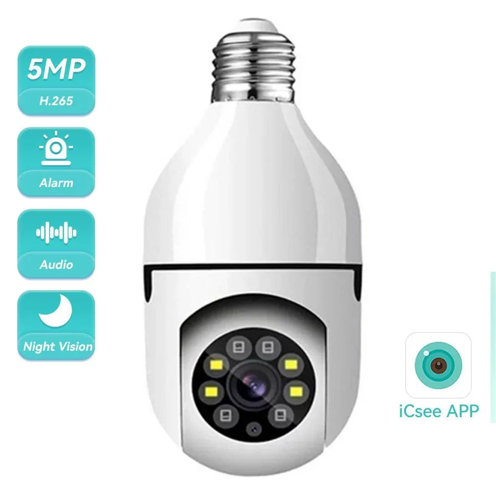 Hamrol 5MP E27 bulb PTZ Wi-Fi camera in white with a pan and tilt lens head ringed by white and infrared LEDs