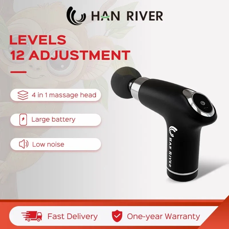 Han River massage gun with LED key control panel and four massage heads
