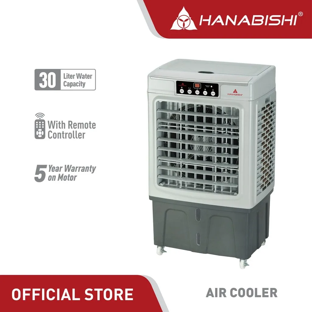 Hanabishi HAC730 air cooler, a boxy grey unit with a wide louvred front grille, digital display and castor wheels