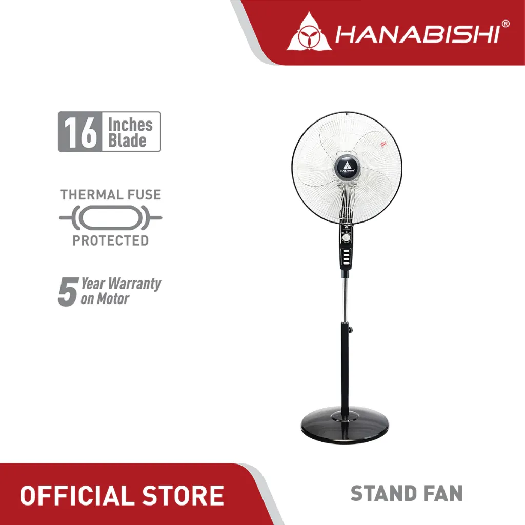 Hanabishi HDC16SFBLK 16-inch DC motor stand fan in black with 5-blade grille