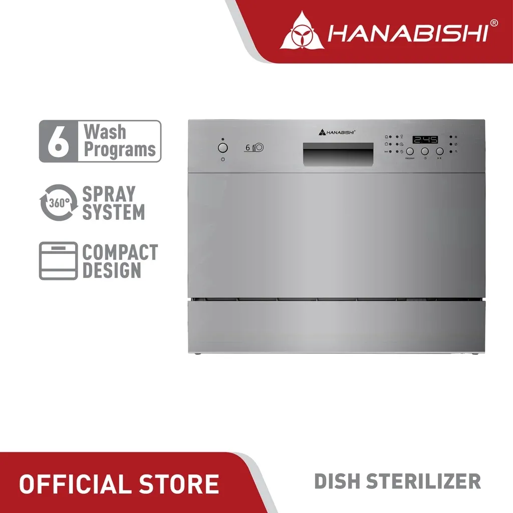 Hanabishi HDISHWASH50SS stainless steel tabletop dishwasher with LED display and control panel, front view