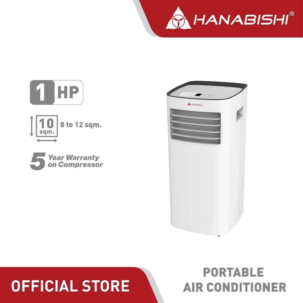 Hanabishi HPORTAC 1HP portable air conditioner, a white upright unit with a louvred vent and top control panel