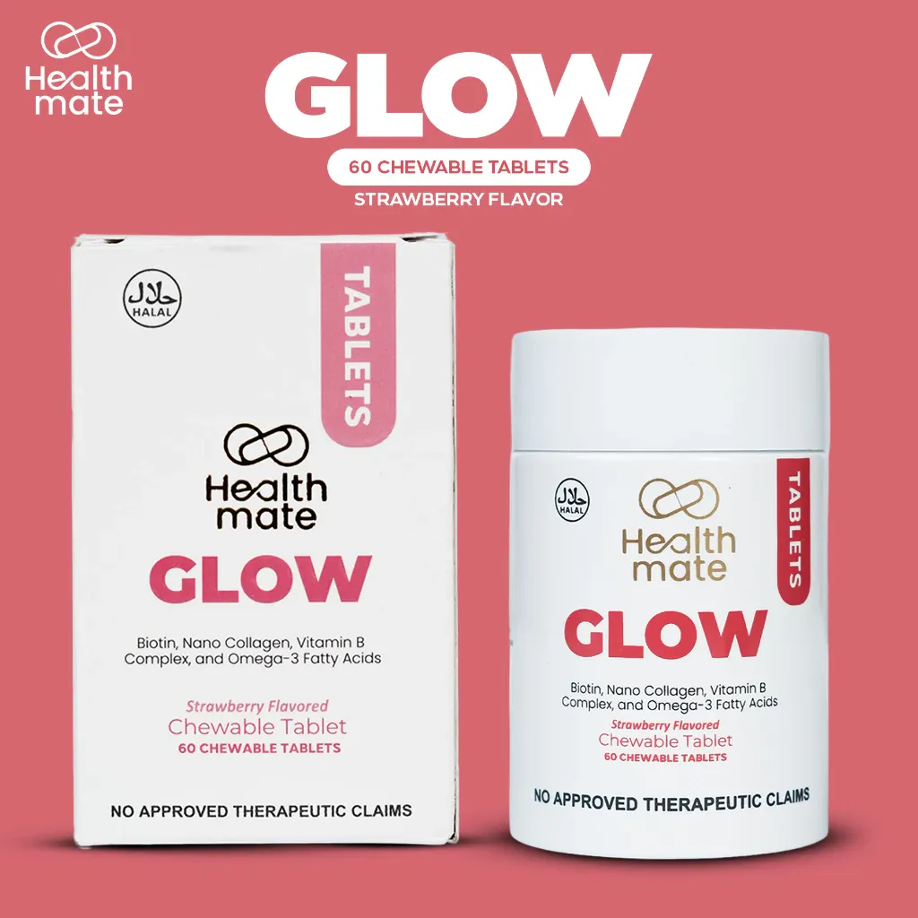Healthmate GLOW 60 chewable tablets bottle, strawberry flavor