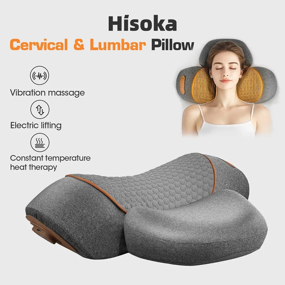 Hisoka cervical pillow electric neck and back massager with hot compress, ergonomic neck-support shape