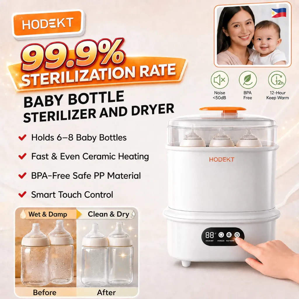 HODEKT white 4-in-1 baby bottle sterilizer and dryer with orange handle, clear upper chamber holding three bottles and a touch display