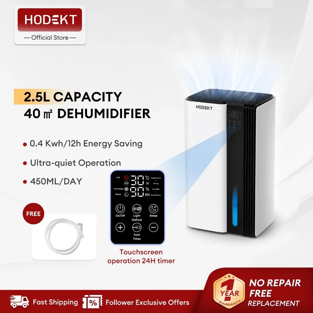 HODEKT electric dehumidifier, white and black unit with touchscreen humidity display and blue water level window, front view