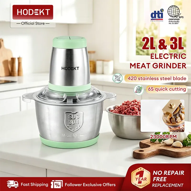 HODEKT 2L/3L stainless steel electric meat grinder and food processor, front view