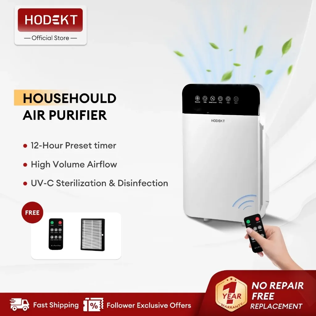 HODEKT household air purifier, white unit with black top control panel, shown with its remote and spare filter