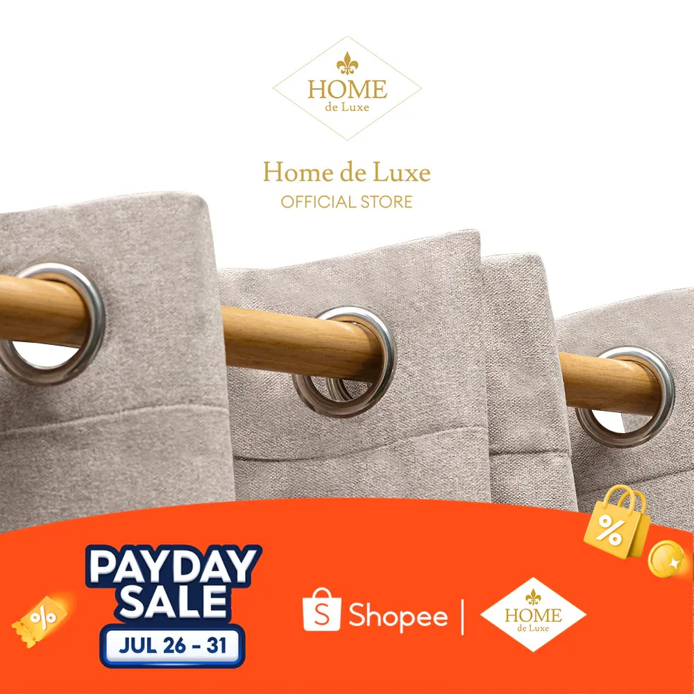 Home de Luxe Cashmere taupe blackout curtain with silver grommet rings on a wooden rod