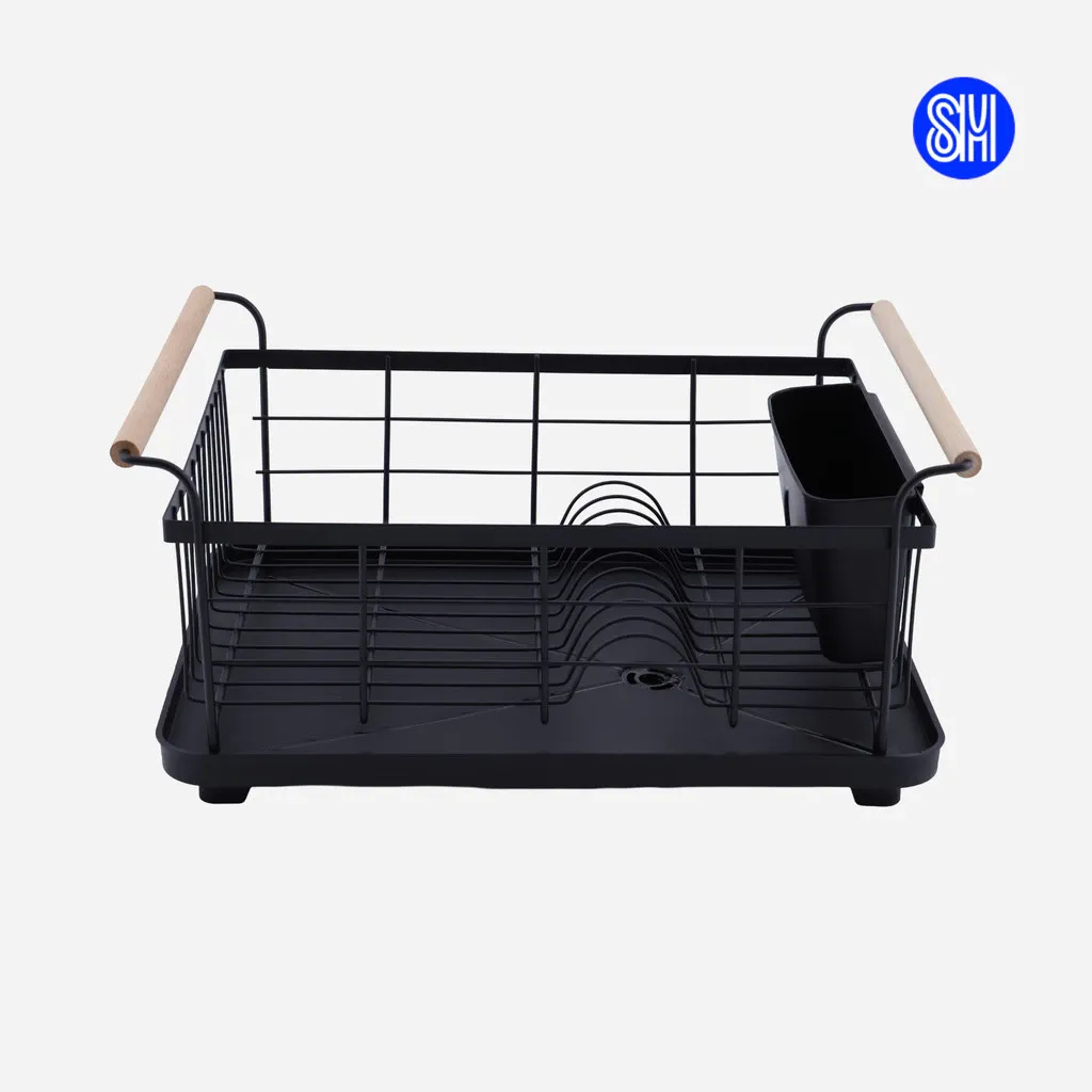 Hosh black wire dish drainer with beech wooden side handles, plate slots, utensil cup and a black drain tray, front view