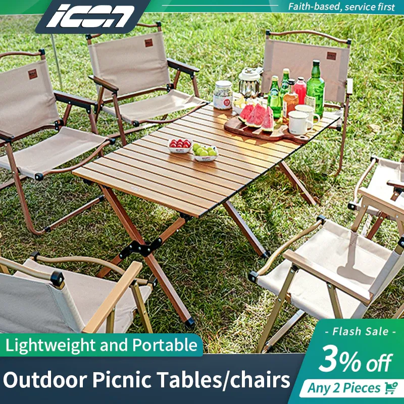 ICON 1200mm outdoor portable folding picnic table, set up on grass