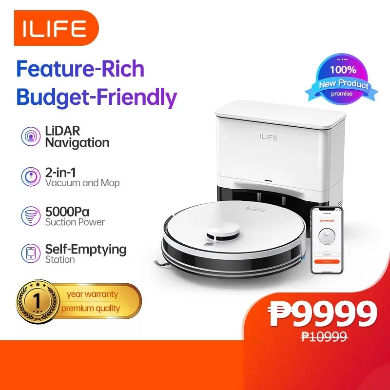ILIFE A30 Pro black robot vacuum docked in its white auto-empty station