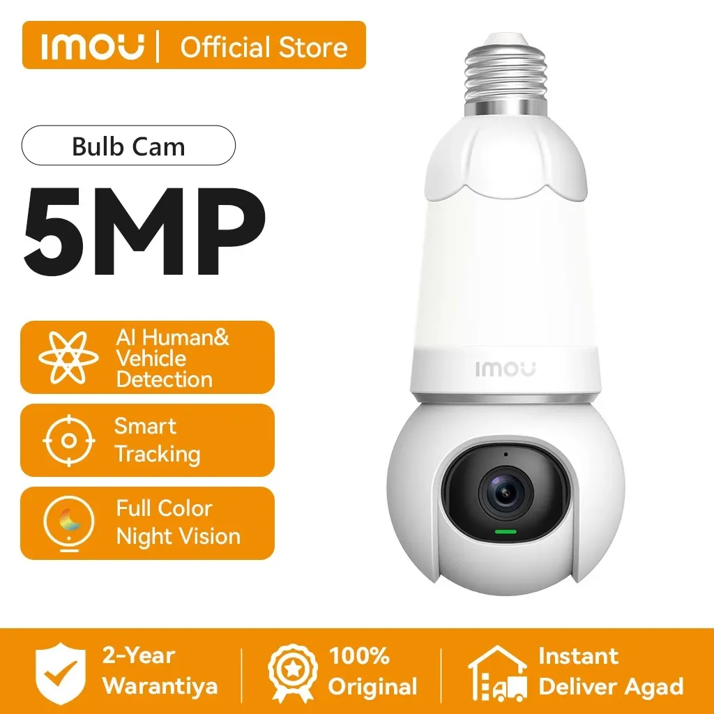 IMOU Bulb Cam 5MP security camera with a white E27 screw base and a pan and tilt lens head, shown beside the Imou Life app