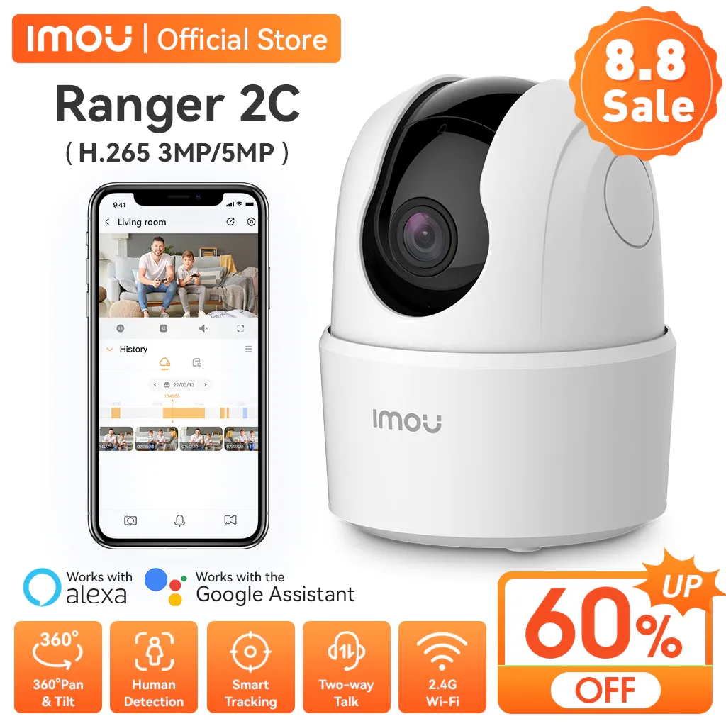 IMOU Ranger 2C, a white pan-and-tilt indoor camera with a dark lens dome, shown beside the IMOU app timeline on a phone