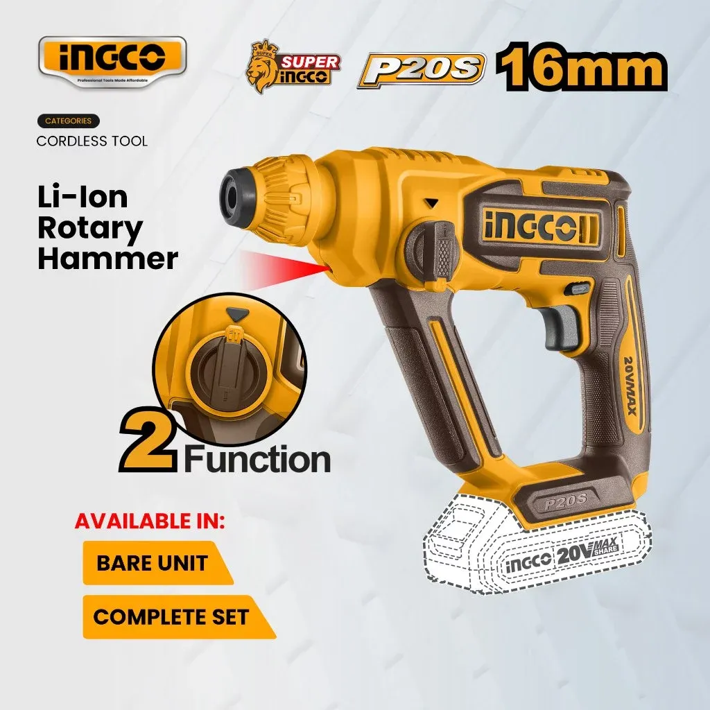 INGCO yellow and black 20V cordless SDS Plus rotary hammer drill with battery, side view