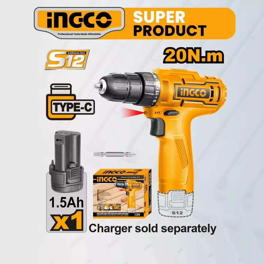 INGCO 12V lithium-ion cordless drill in yellow with S12 1.5Ah battery pack and driver bit, side view