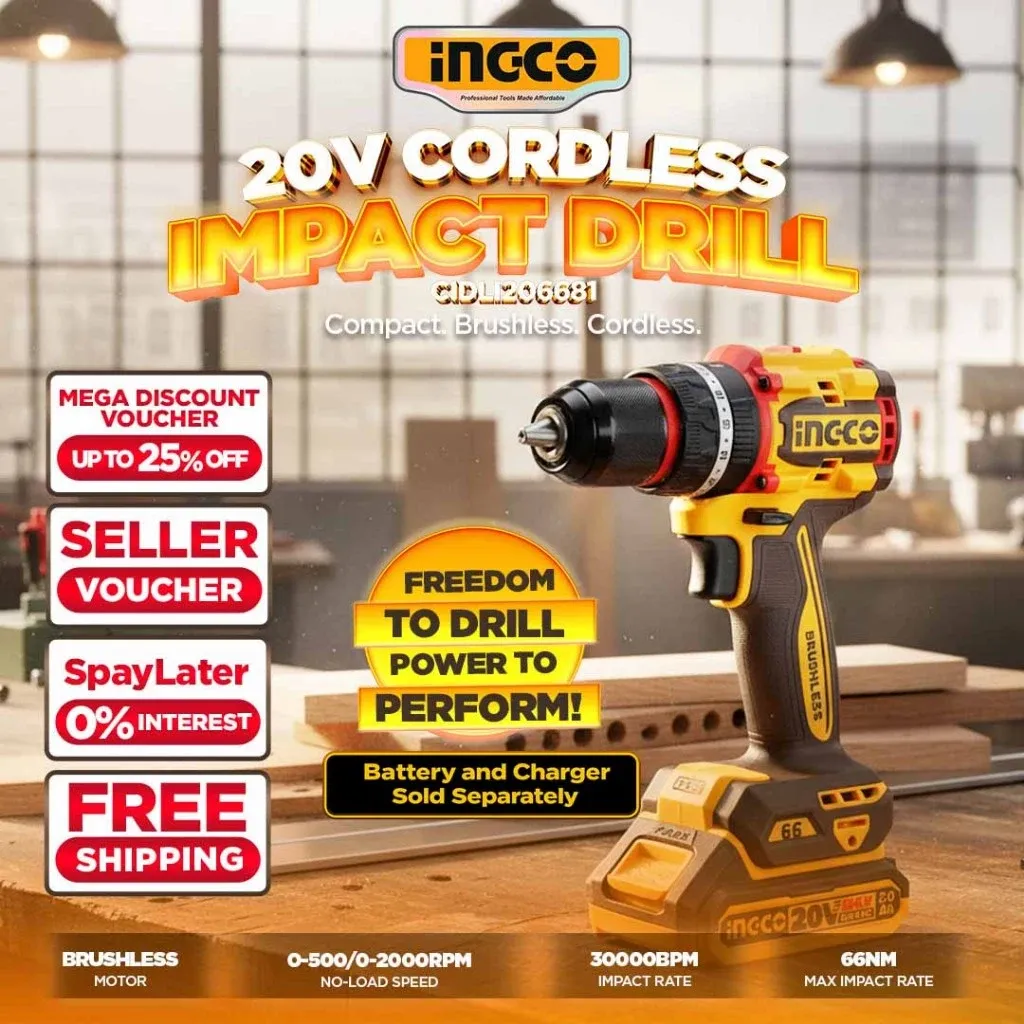 INGCO CIDLI206681 20V brushless compact cordless impact drill, body only, shown on a workbench