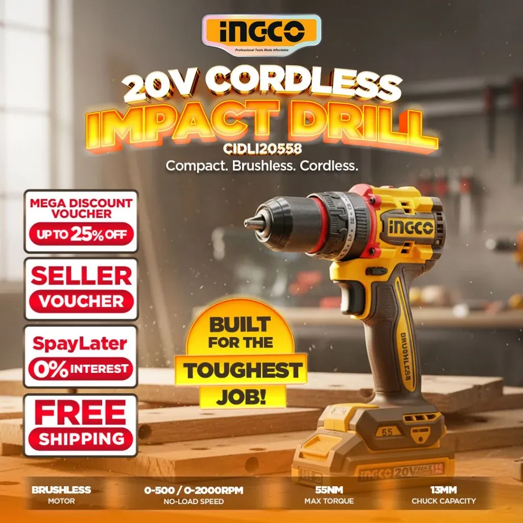 INGCO 20V compact brushless cordless impact drill with 13mm metal chuck, side view