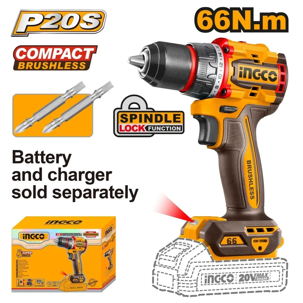 INGCO CDLI206681 20V compact brushless cordless drill, body only, with two Cr-V driver bits