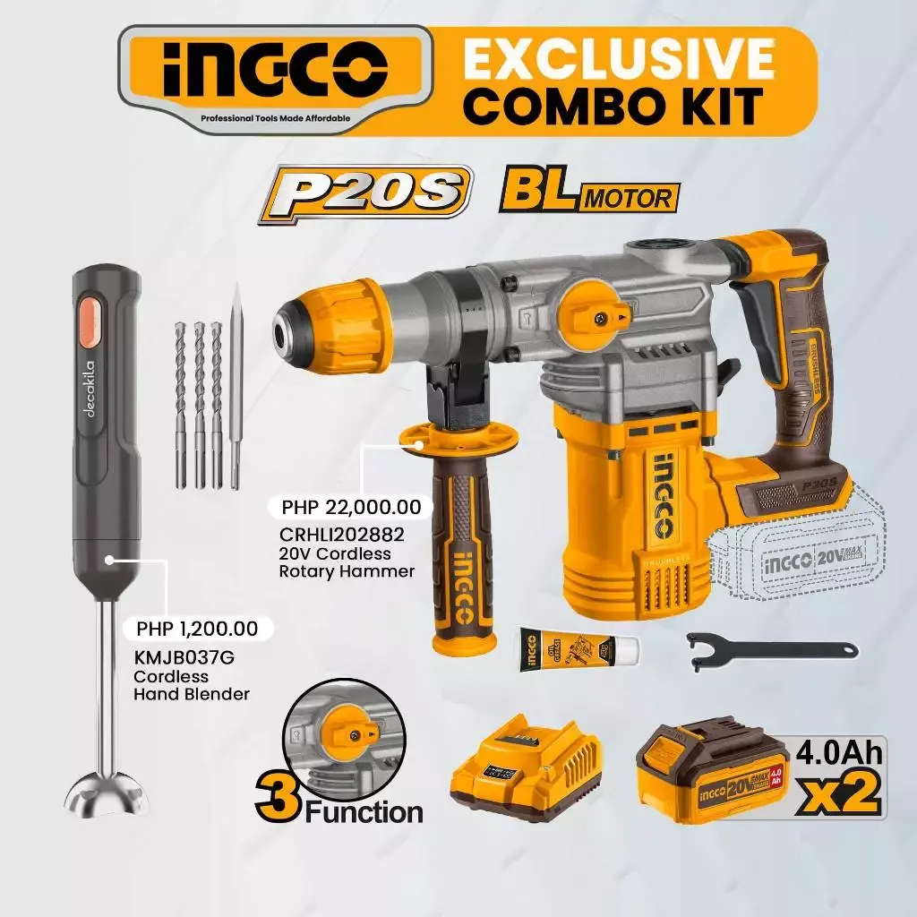 INGCO COSLI231001 20V cordless combo kit with brushless SDS Plus rotary hammer, hand blender and two batteries