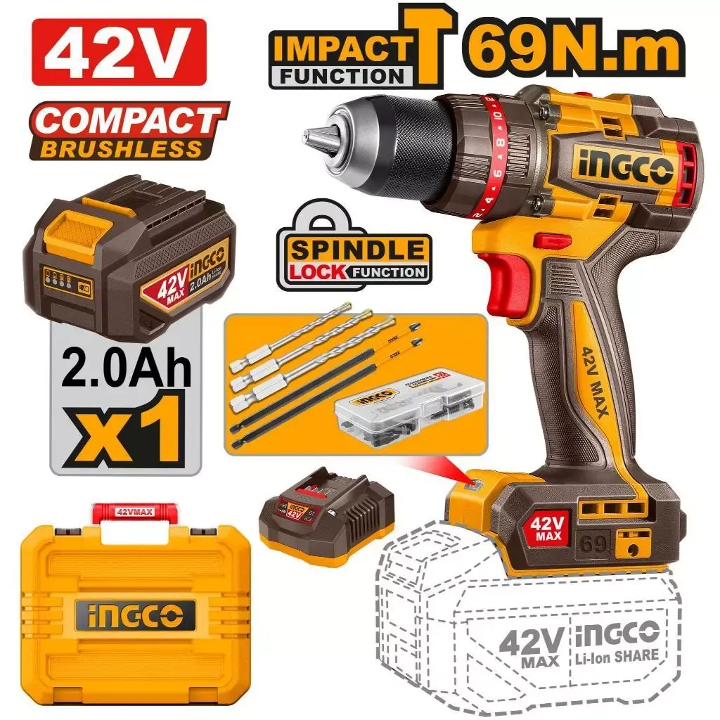 INGCO CIDLI426981 42V brushless cordless impact drill with 2.0Ah battery, charger, accessory box and case