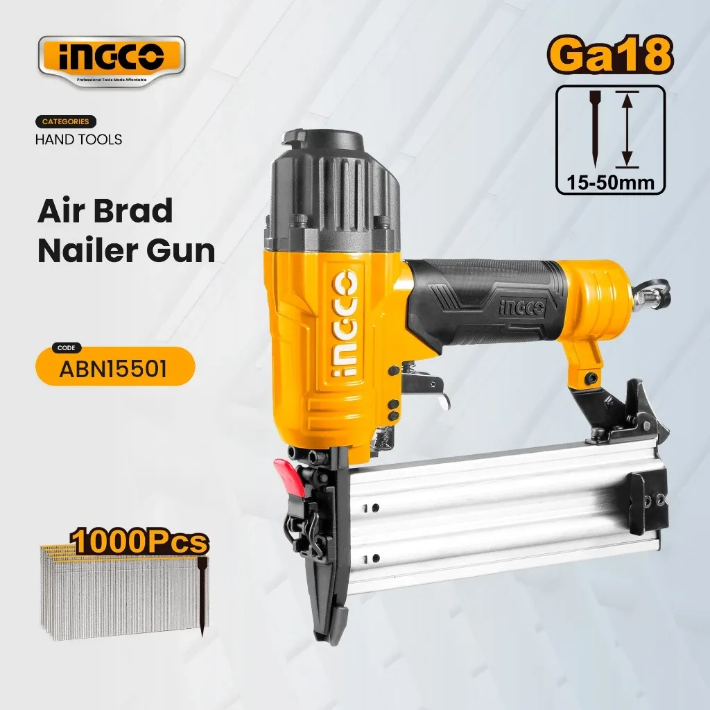 Ingco ABN15501 pneumatic air brad nailer in yellow and black with an aluminium magazine and quick coupler