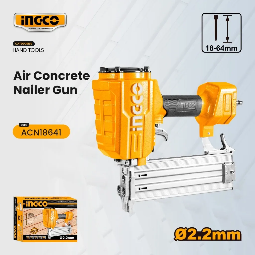 Ingco ACN18641 pneumatic air concrete nailer in yellow with a heavy cast body and aluminium magazine