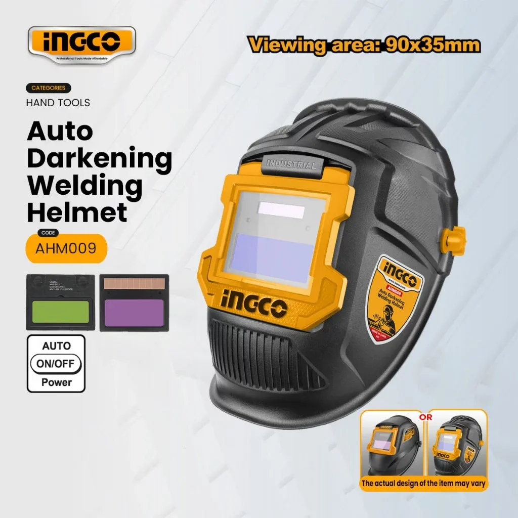 INGCO AHM009 yellow and black solar powered auto darkening welding helmet, front view