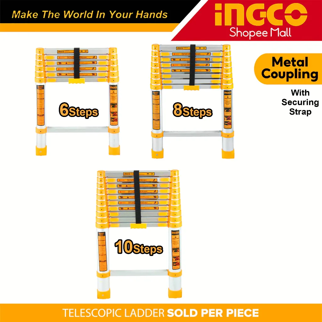 Ingco aluminum telescopic ladder extended, with 150kg load rating