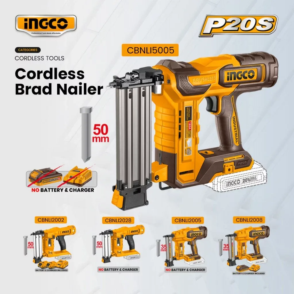 Ingco CBNLI5005 20V brushless cordless brad nailer bare tool in yellow and brown, shown without battery or charger