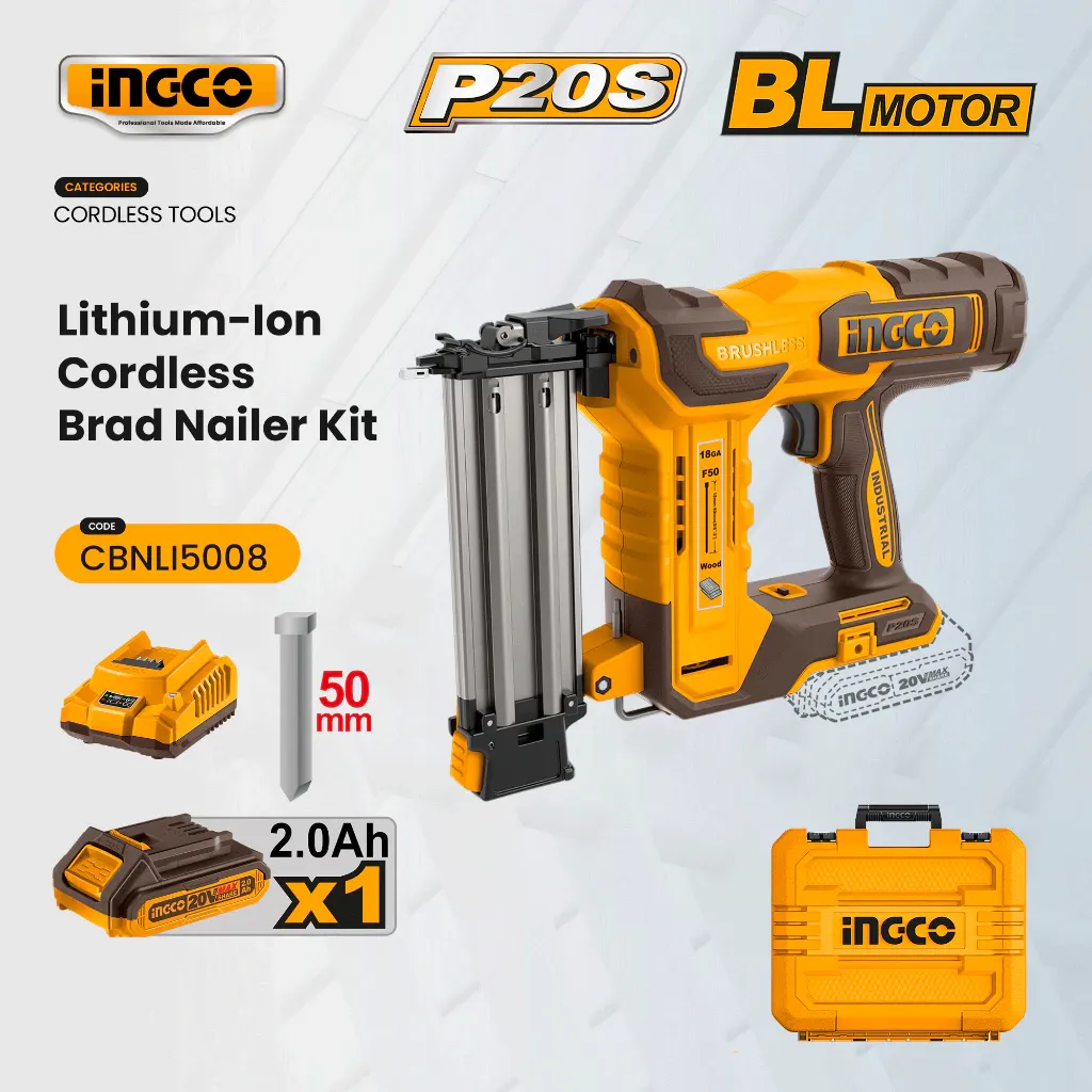 Ingco CBNLI5008 20V brushless cordless brad nailer kit in yellow and brown with a 2.0Ah battery, charger and carry case