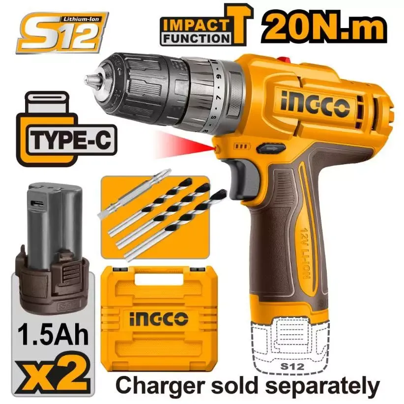 INGCO CIDLI12206 12V cordless impact drill with two S12 1.5Ah batteries, masonry bits and carry case