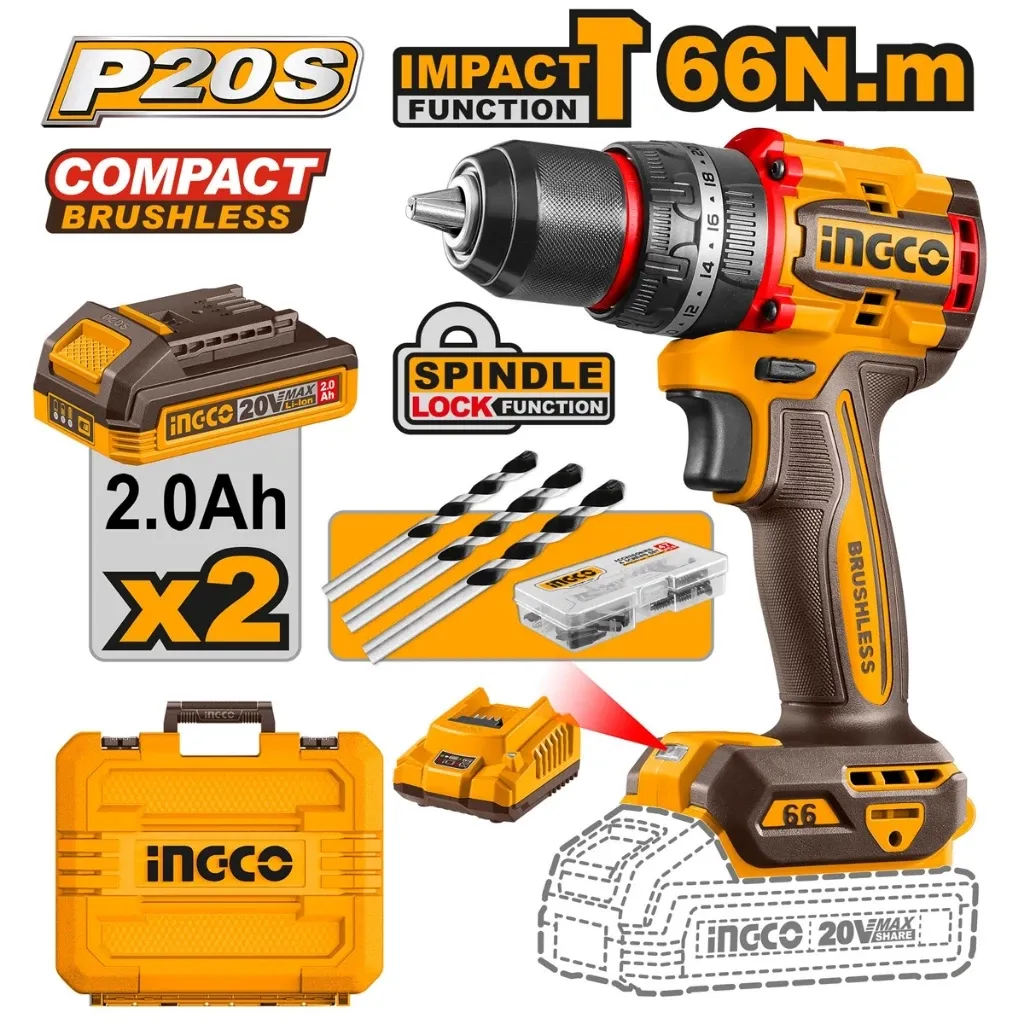 INGCO CIDLI20668 20V brushless cordless impact drill with two batteries, charger and case