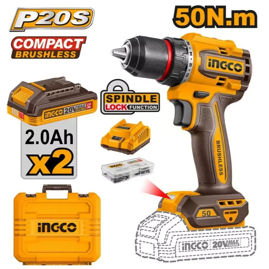 INGCO CDLI205062 20V compact brushless cordless drill with two 2.0Ah P20S batteries, charger, accessory box and case