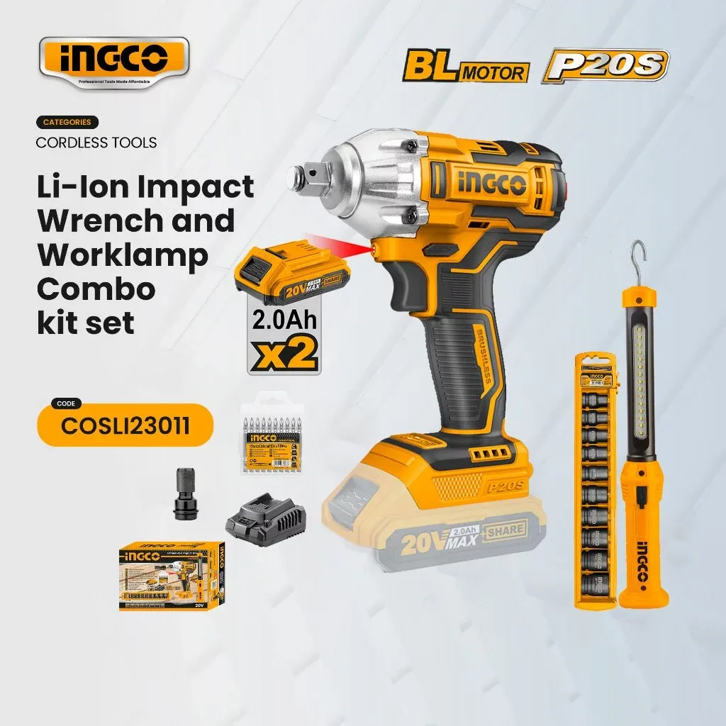 INGCO COSLI23011 20V brushless cordless impact wrench with two 2.0Ah batteries, charger, work lamp and impact socket set