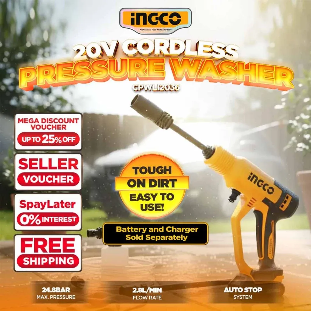 Ingco CPWLI2036 20V cordless pressure washer handheld unit with spray nozzle