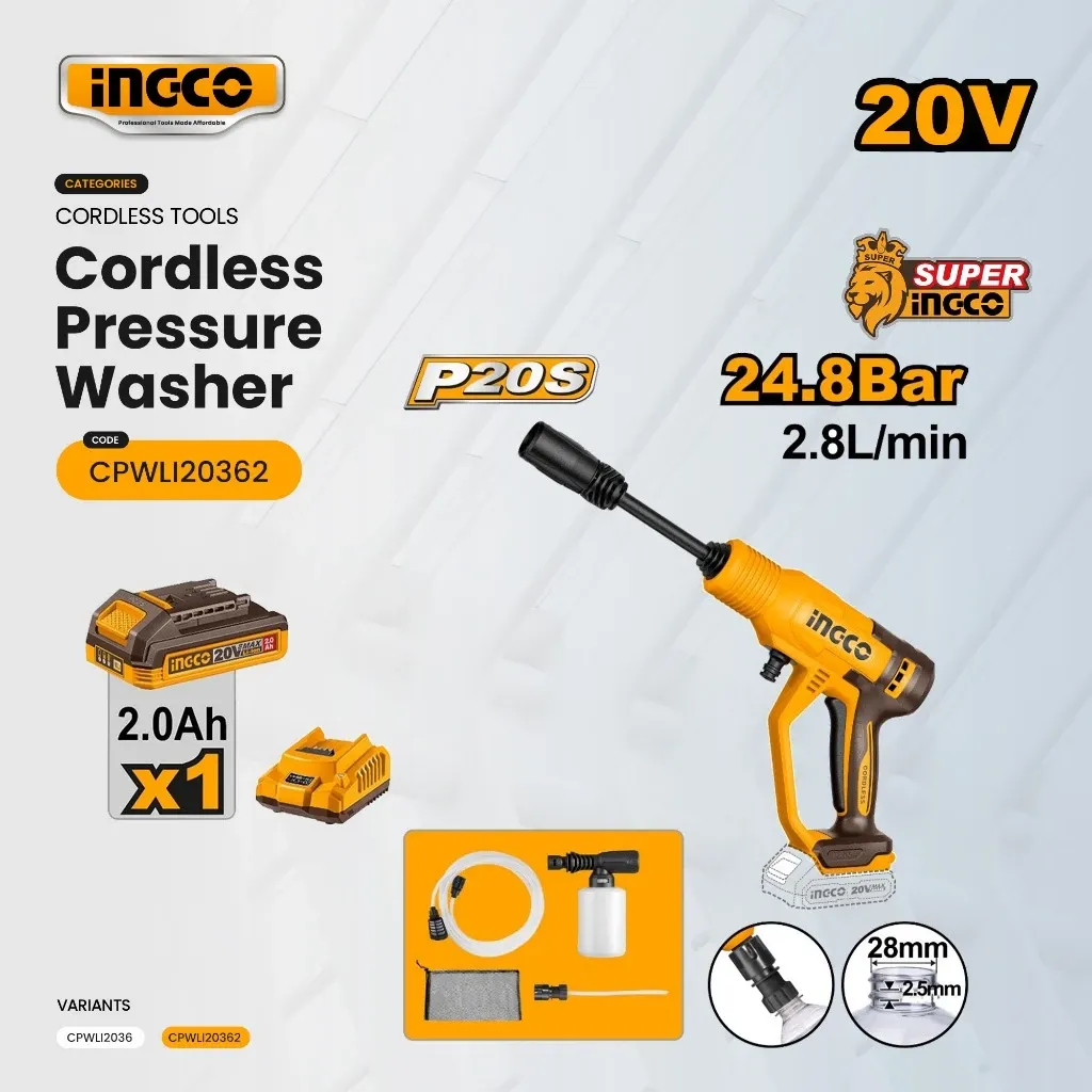 Ingco CPWLI20362 20V cordless pressure washer kit with battery, charger and accessories